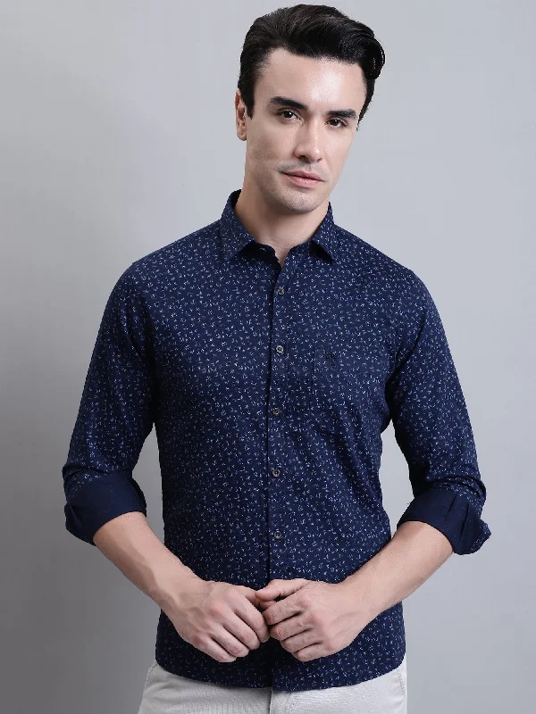 Men's Navy Blue Casual Floral Ditsy Print Full Sleeve Shirt