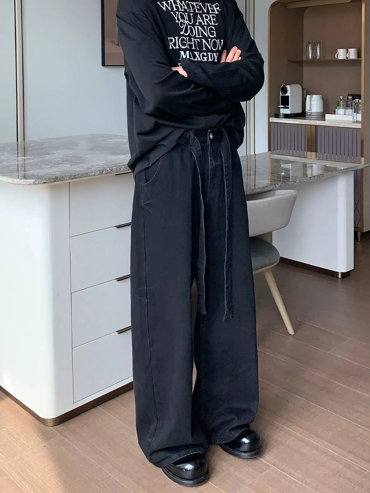 Women's unisex - style casual pants Detachable Streamers Washed Wide-Leg Pants