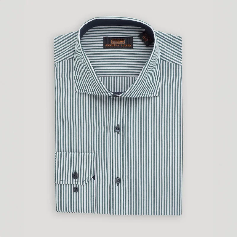 The Earl Striped Dress Shirt | Barrel Cuff & Spread Collar | Forest Green