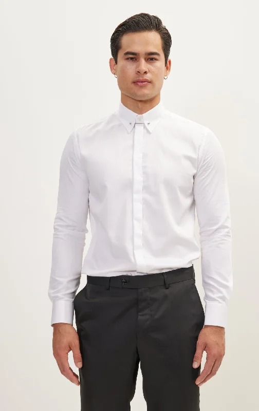 Collar Pin Hidden Placket Dress Shirt - White