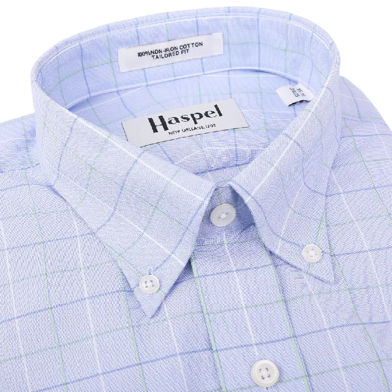 Henry Blue Green Windowpane Button Down Trim Fit Dress Shirt