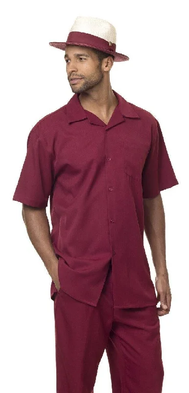 Montique Men's 2 Piece Short Sleeve Walking Suit Solid Burgundy