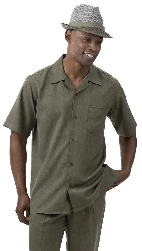 Montique Men's 2 Piece Short Sleeve Walking Suit Solid Olive