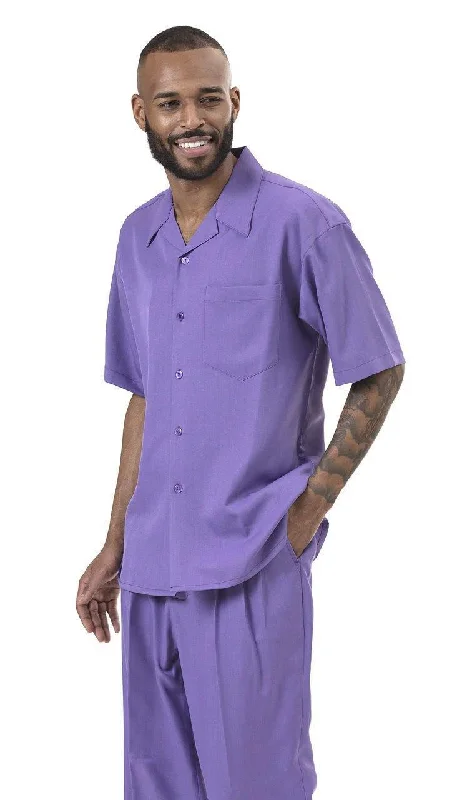 Montique Men's 2 Piece Short Sleeve Walking Suit Solid Purple