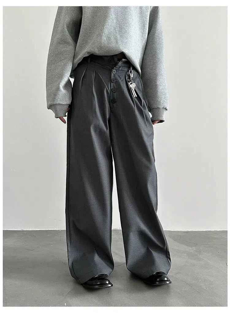 Women's summer - weight linen pants Multi-button Wide-leg Pleated Trousers