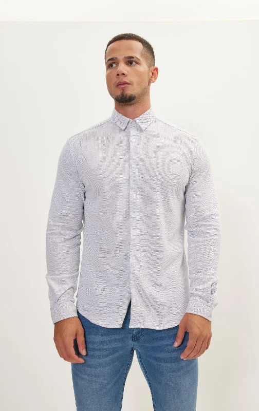 Pure Cotton Knit Travel Shirt - White Honeycomb Jacquard