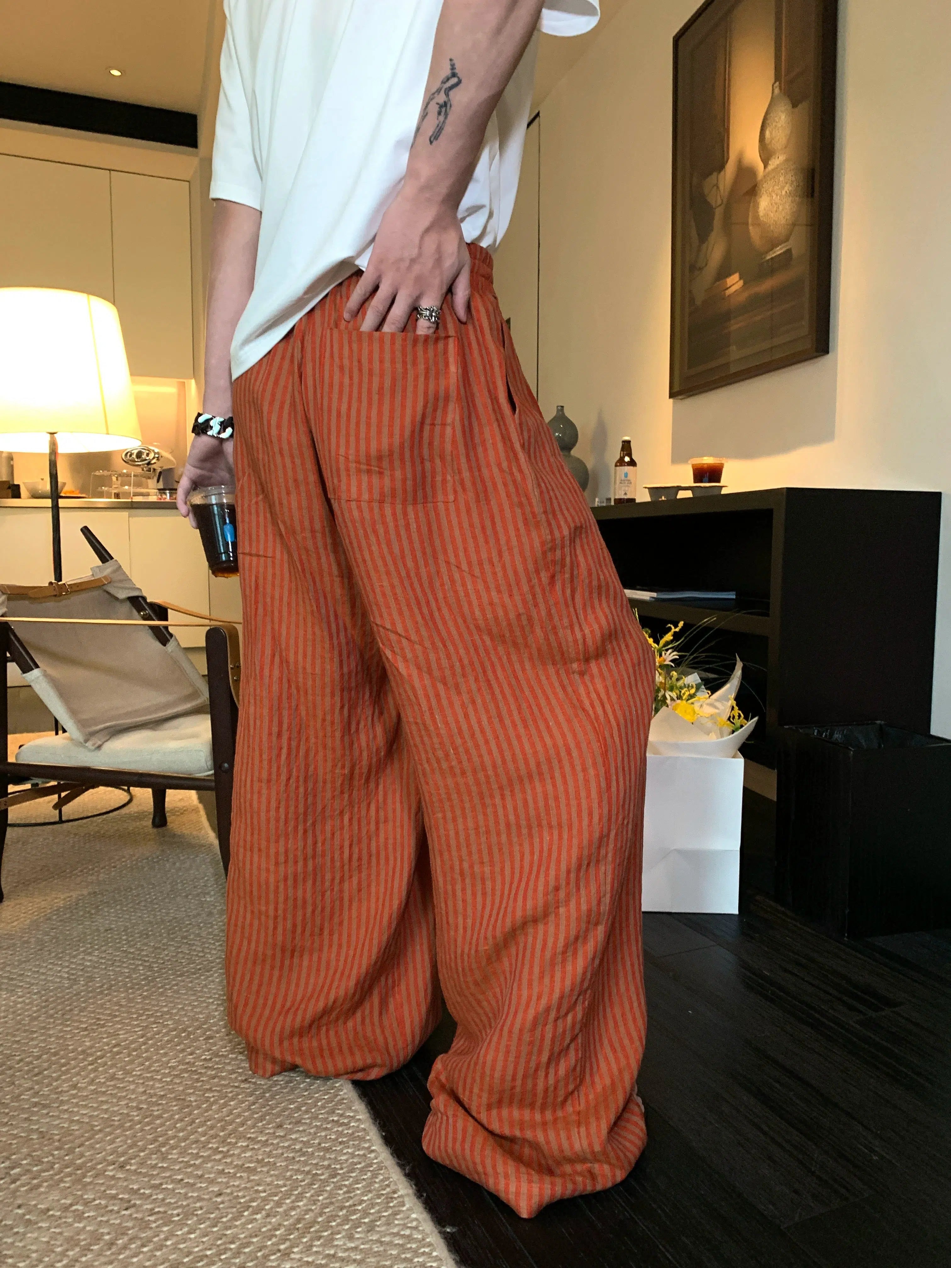 Women's pants for office meetings Orange Striped Wide-leg Pants
