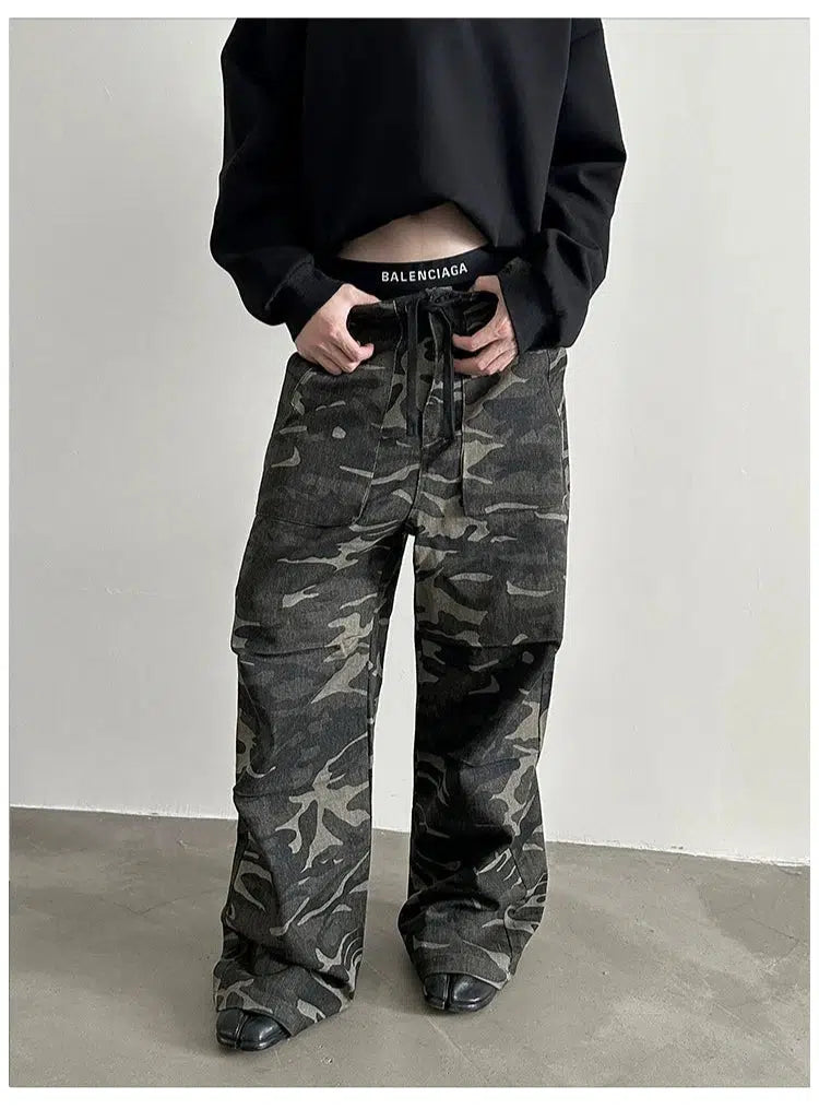 Women's luxury leather pants Pleated Wide-leg Drawstring Pants