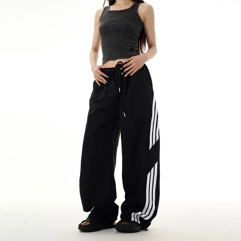 Women's palazzo beach pants Retro Three-Bar Elastic Waist Casual Pants