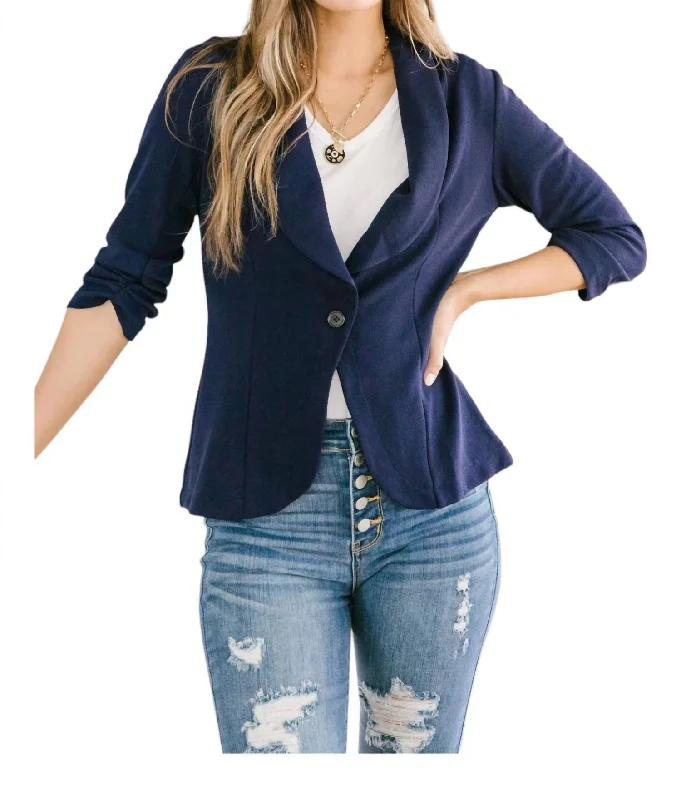 Single - Breasted Women's Linen Blend Blazers in Earth Tones for Casual Wear Acting Like A Lady Blazer In Navy / Blue