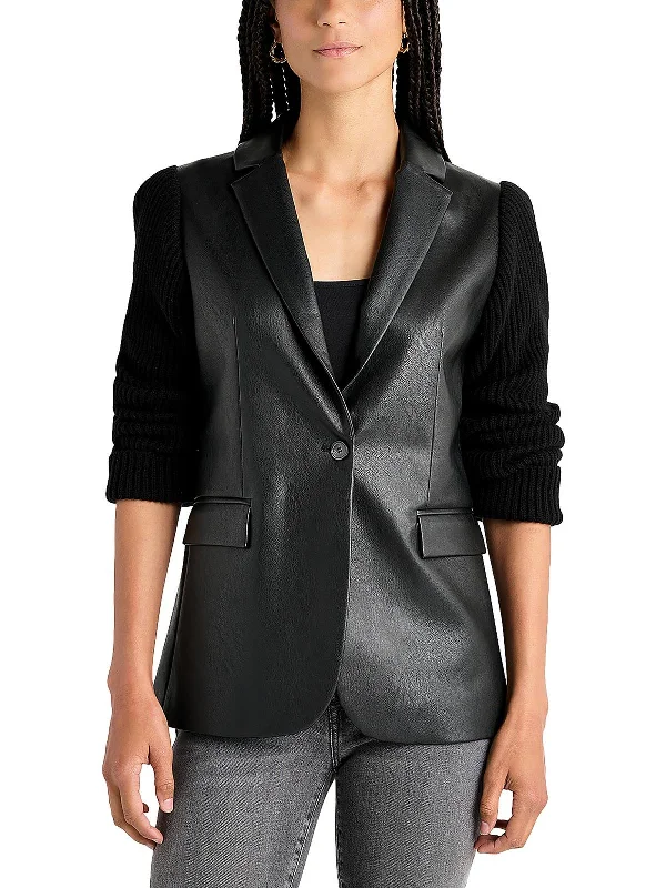 Plus Size Women's Ruffled Blazers in Pink for a Girly and Fashionable Look Adina Womens Faux Leather Mixed Media One-Button Blazer