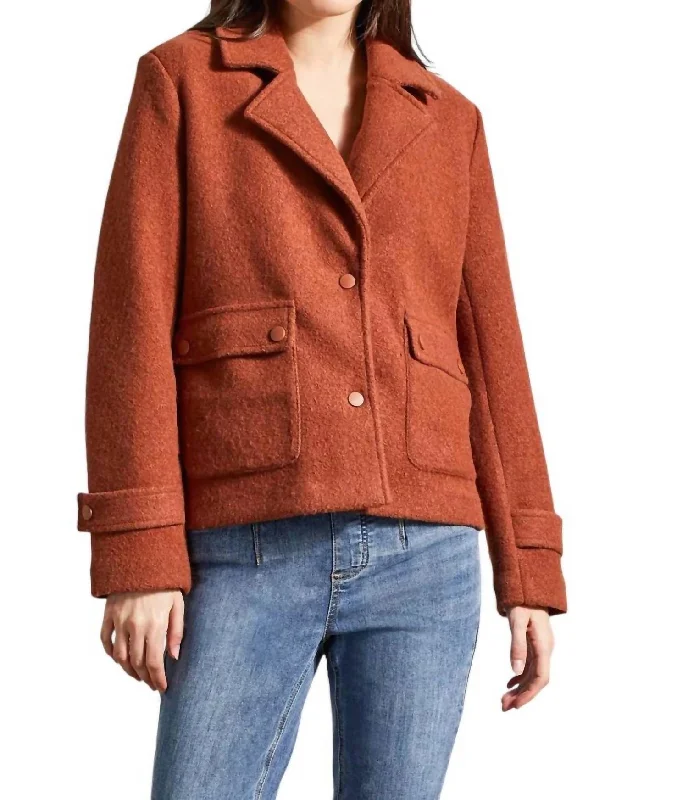Petite women's wool blend coats with a tailored fit for a flattering silhouette Boiled Wool Peacoat With Side Pockets In Marsala