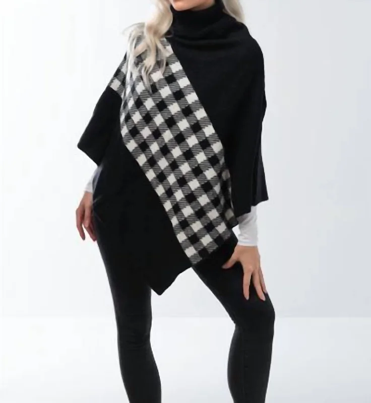 Embroidered women's cotton coats in a bohemian pattern for a unique design Checked Plaid Cape In Black/white