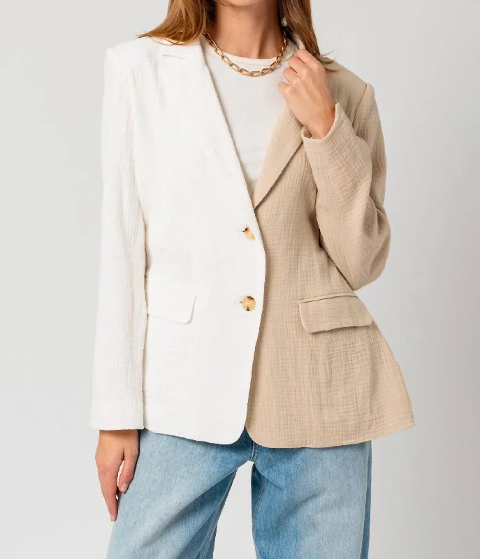 Plus Size Women's Embroidered Blazers in Floral Patterns for a Feminine Touch Color Block Oversized Blazer In Taupe/white