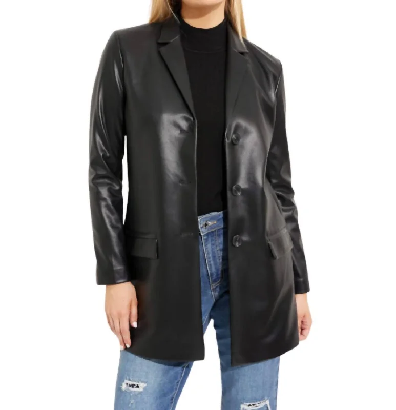 Plus Size Women's Ruffled Blazers in Pink for a Girly and Fashionable Look Faux Leather Blazer In Black