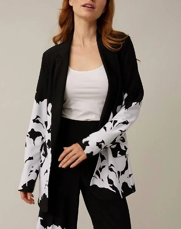 Plus Size Women's Sequin - Embellished Blazers in Silver for a Glamorous Party Floral Border Blazer In Black/white
