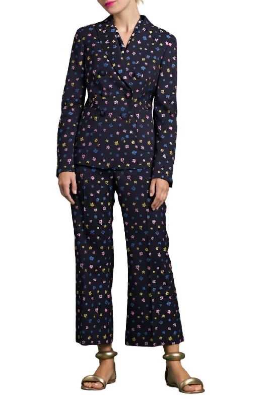 Plus Size Women's Double - Breasted Wool Blazers for Winter Office Wear Floral Jacquard Jacket In Navy Multi