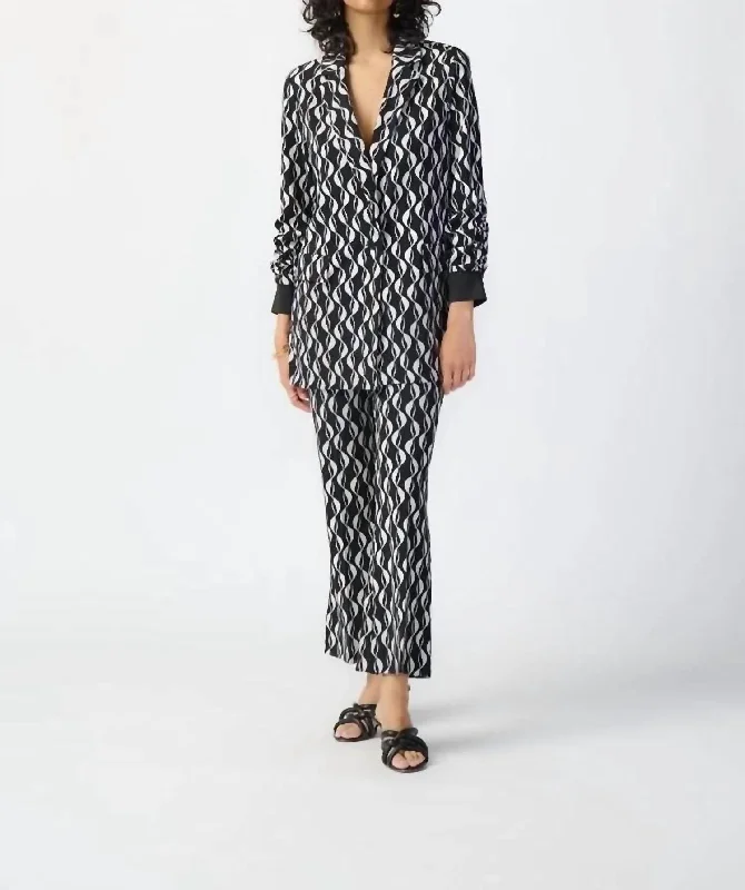 Plus Size Women's Faux Fur - Trimmed Blazers in Black for a Luxurious Look Geometric Print Silky Blazer In Black/moonstone