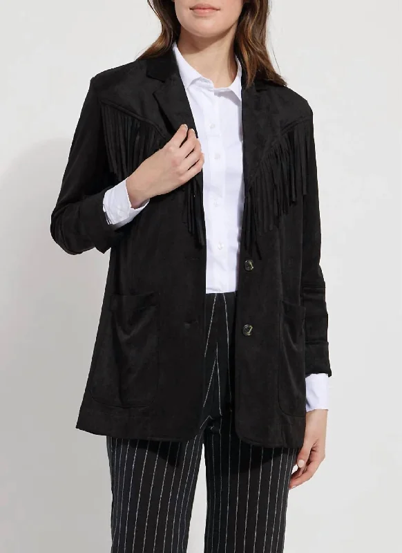 Women's Belted Blazers in Camel Color for a Sophisticated Outfit Heidi Fringe Vegan Suede Blazer In Black