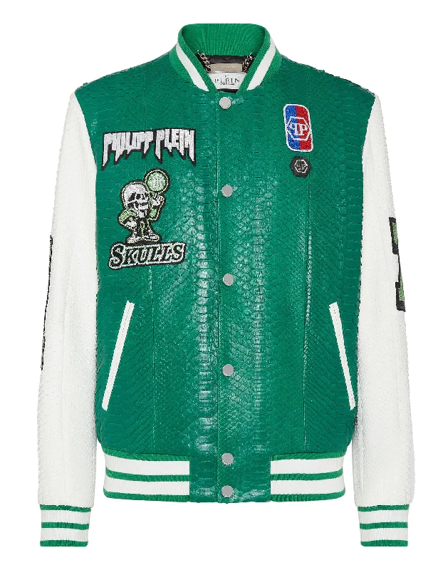 Python Leather College Jacket Basketball with Crystals