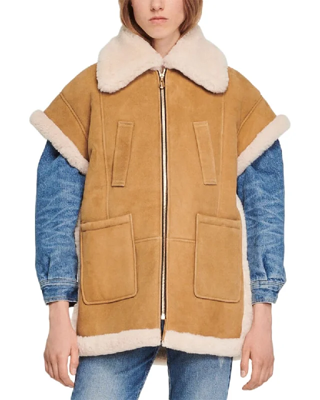 Single - Breasted Women's Tweed Blazers with Gold Buttons for a Classic Look Sandro Wood Suede & Shearling Coat