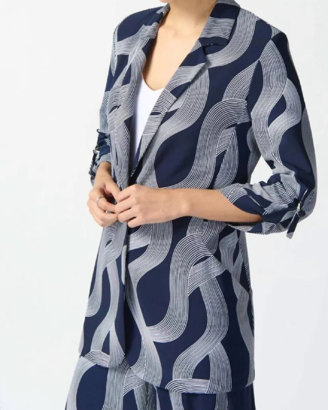 Single - Breasted Women's Linen Blend Blazers in Earth Tones for Casual Wear Silky Knit Abstract Print Boxy In Midnight Blue