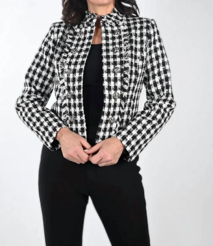 Oversized Women's Checkered Blazers in Black and White for a Trendy Style Textured Metallic Knit Jacket In Black/white