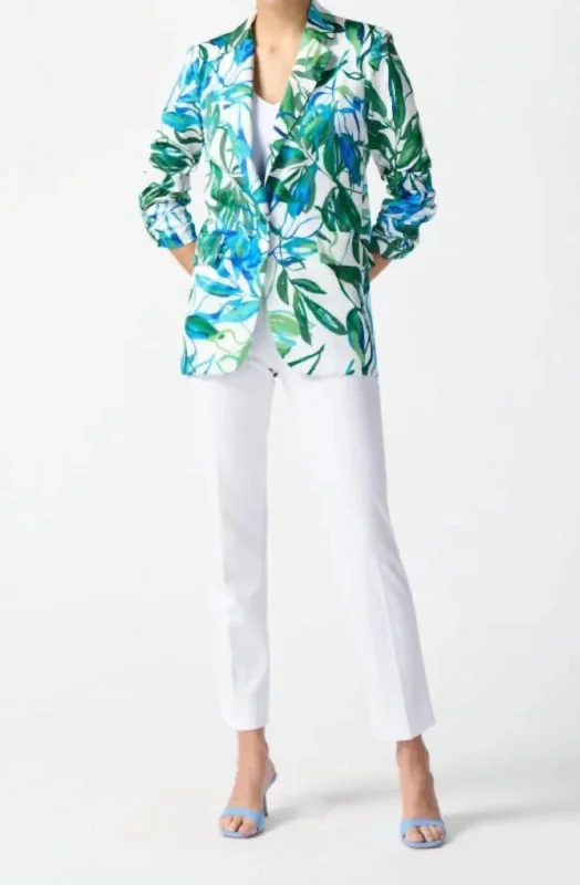 Plus Size Women's Ruffled Blazers in Pink for a Girly and Fashionable Look Tropical Print Blazer In Vanilla Multi