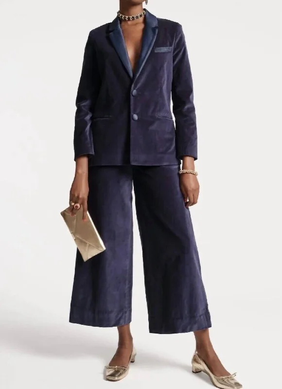 Double - Breasted Women's Leather Blazers in Taupe for an Edgy Look Tuxedo Jacket In Navy