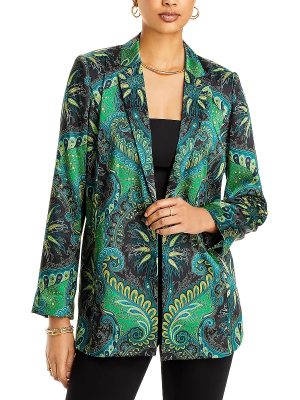 Plus Size Women's Faux Fur - Trimmed Blazers in Black for a Luxurious Look Womens Satin Printed One-Button Blazer