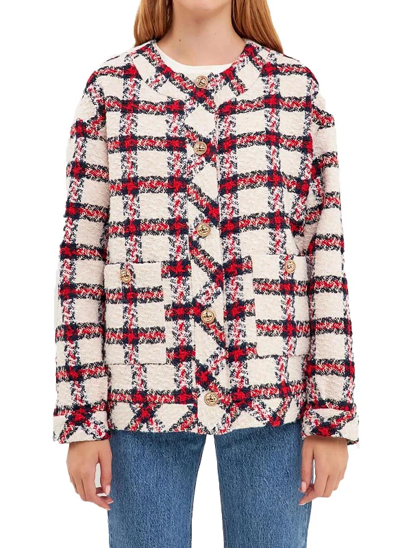 Single - Breasted Women's Corduroy Blazers in Mustard Yellow for an Autumn Vibe Womens Tweed Plaid Collarless Blazer