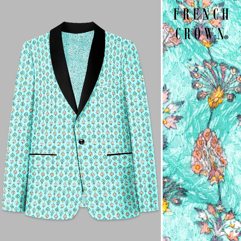 Aquamarine Blue And Tangerine Peach Designer Thread Embroidered Tuxedo Blazer