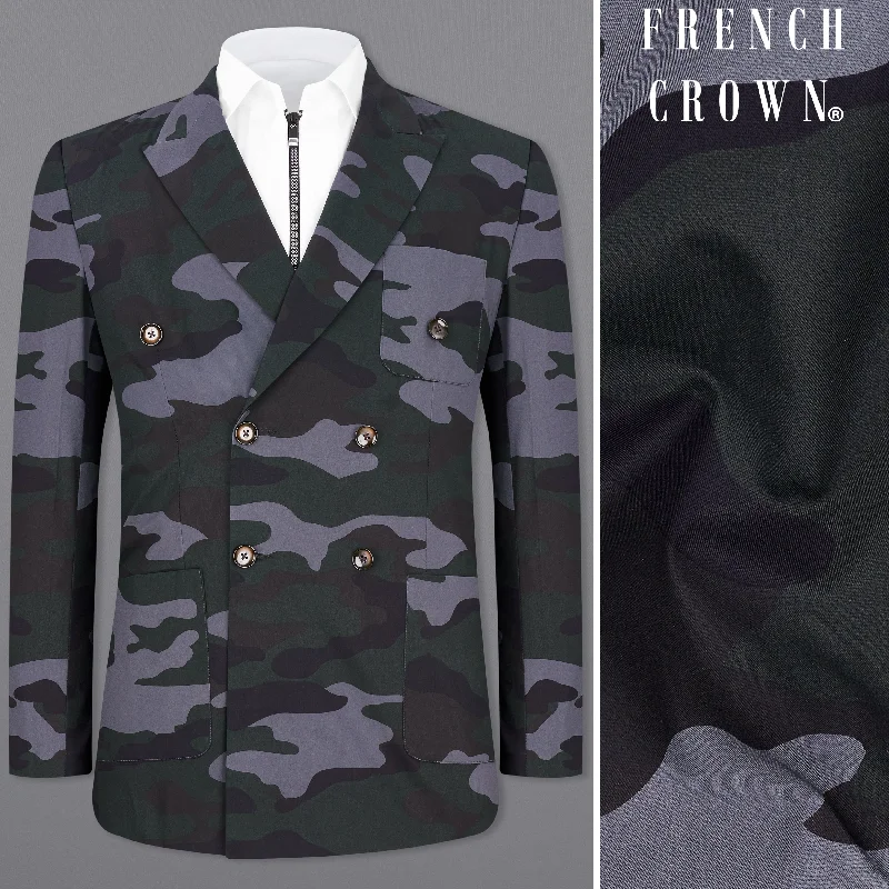 Baltic Green with Pale Gray Camouflage Premium Cotton Double Breasted Designer Sports Blazer