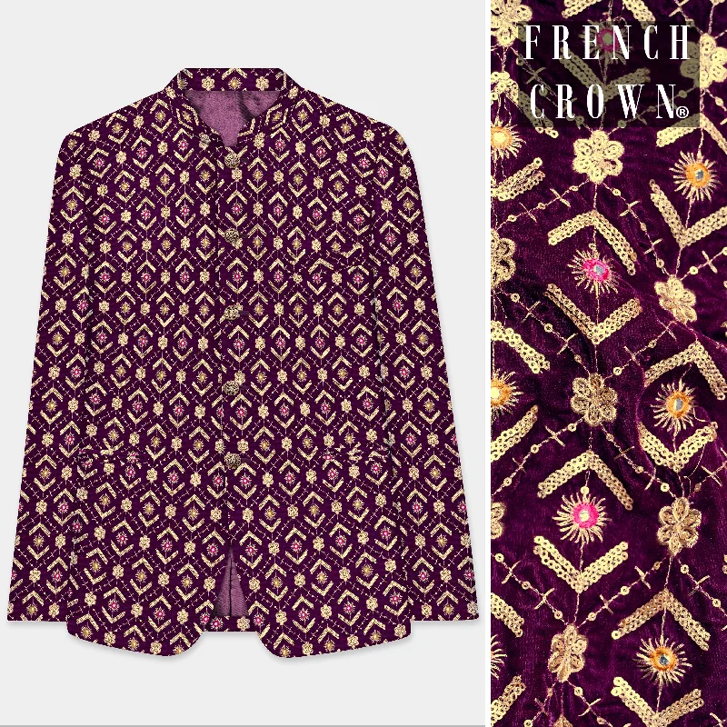 Blackberry Purple Velvet Thread And Sequin Embroidered Bandhgala Jodhpuri