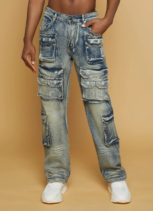 Mens Acid Wash Cargo Pocket Jeans