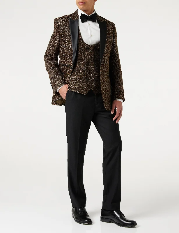 BRIAN - Floral Jacquard Print Gold Tuxedo Jacket With Waistcoat