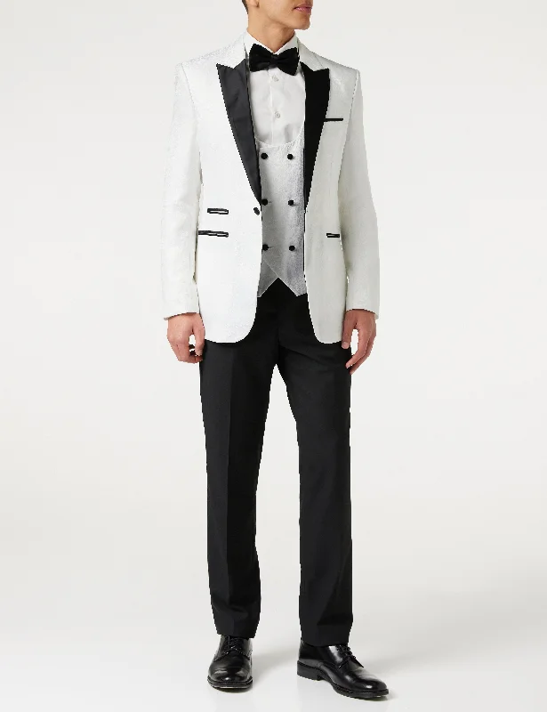 BRIAN - Floral Jacquard Print White Tuxedo Jacket With Waistcoat