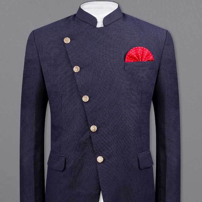 Ebony Clay Navy Blue Cross Placket Bandhgala Blazer