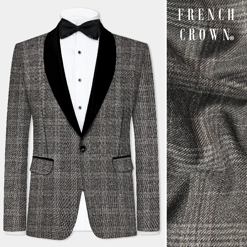 Iridium Gray Plaid Tweed Wool Blend Tuxedo Blazer