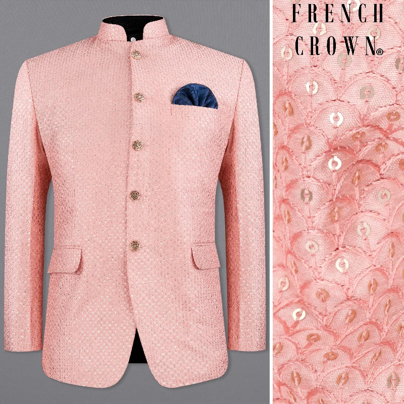 Pastel Pink Cotton Thread Heavy Embroidered Bandhgala Designer Blazer