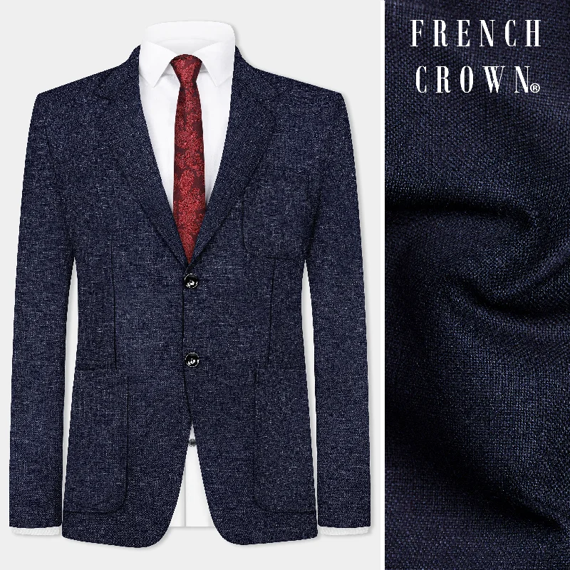 Shark Blue Textured Luxurious Linen Single Breasted Blazer