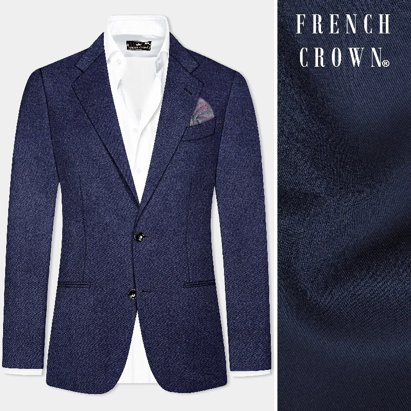 Thunder Blue Solid Wool Blend Single Breasted Blazer