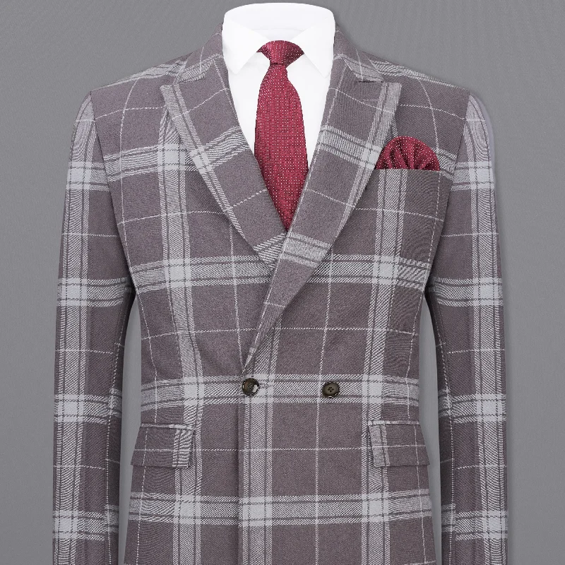 Tundora Brown with Star Dust Gray Plaid Premium Cotton Double Breasted Designer Blazer