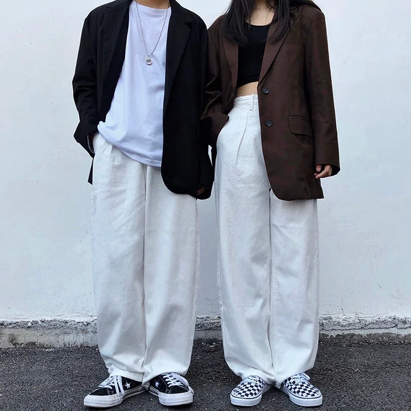 Unisex Hiphop Fashion White Loose Straight Streetwear Jeans Trousers