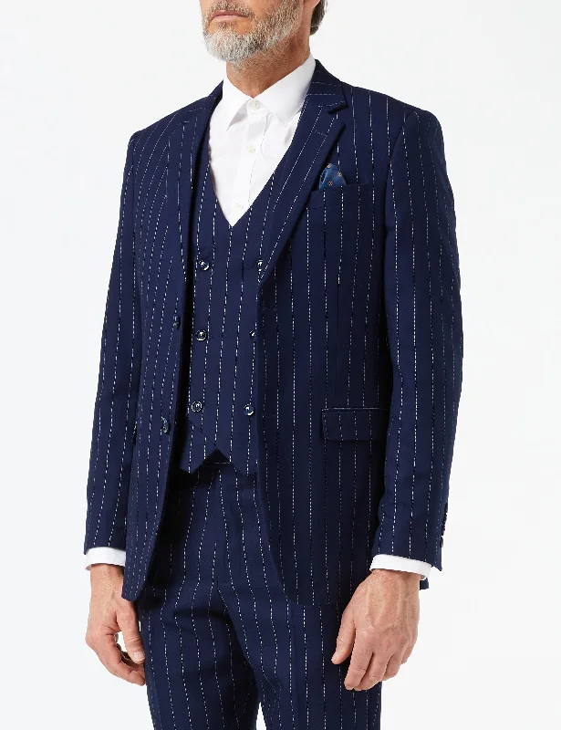 WHITE PINSTRIPE ON NAVY JACKET & WAISTCOAT