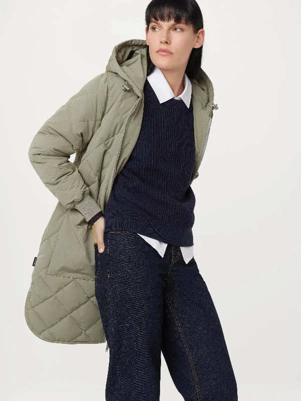 Women's faux fur - trimmed denim jackets for a trendy and cozy style The Skyline Maxi Hooded Coat in Vetiver Green Women's faux fur - trimmed denim jackets for a trendy and cozy style The Skyline Maxi Hooded Coat in Vetiver Green