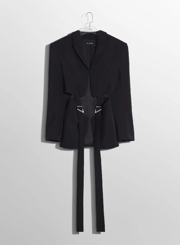 Women's double - breasted tweed jackets in classic colors for a sophisticated office look  black buckled tailored wool jacket