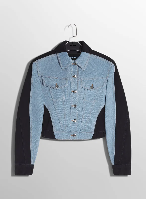 Women's cropped leather jackets with silver zippers for a punk - inspired outfit blue bi-color denim jacket Women's cropped leather jackets with silver zippers for a punk - inspired outfit blue bi-color denim jacket