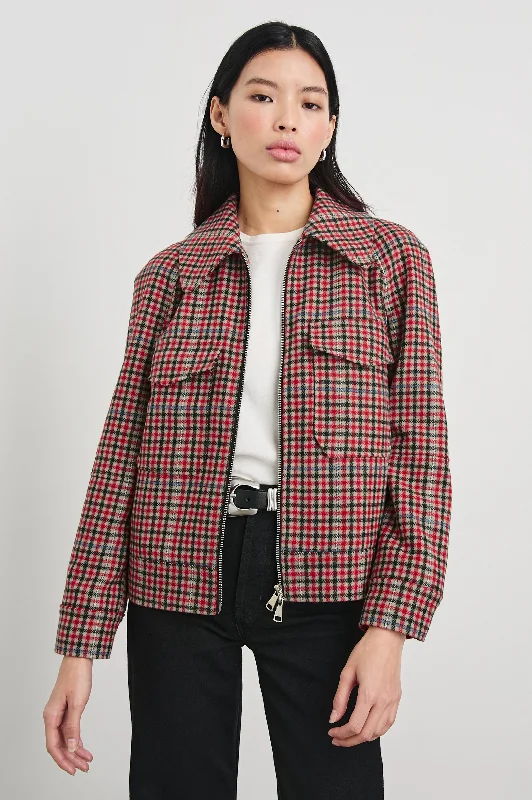Women's waterproof rain jackets in bright yellow for high - visibility outdoor activities  CHEYENNE JACKET - CRIMSON MINI CHECK
