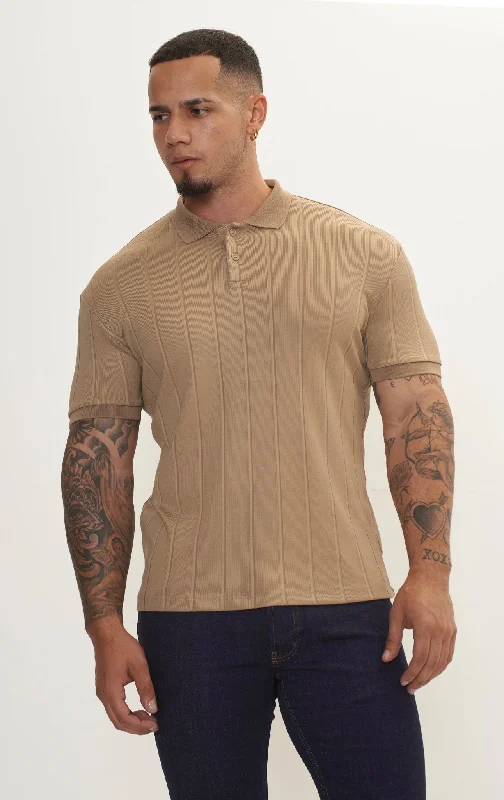plus size women cardigan for comfortable layering Fine Ribbed Polo Shirt - Camel